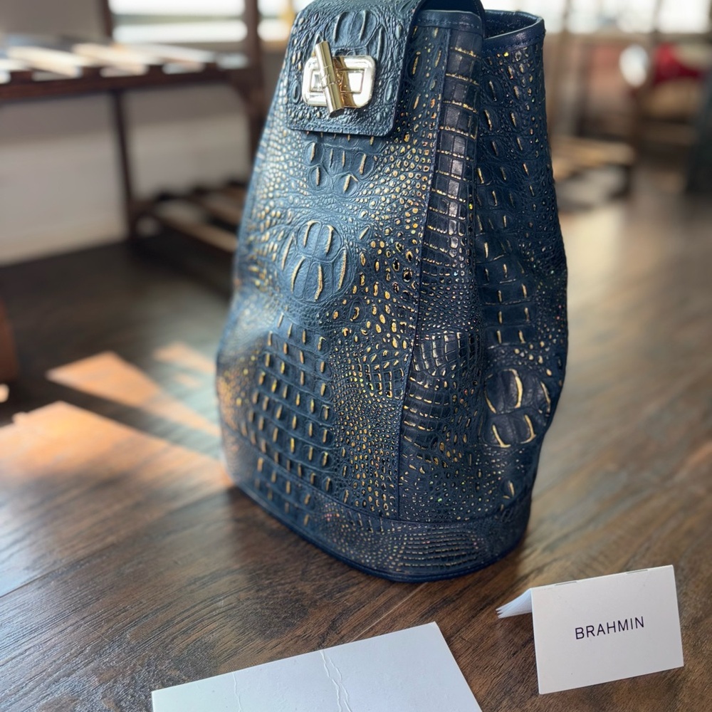 Brahmin Navy and Gold Embossed Backpack